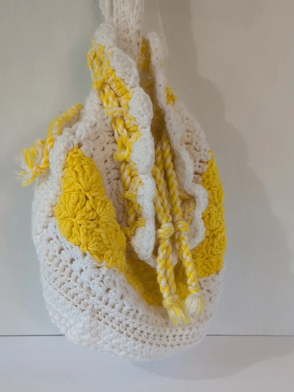 Handmade White/Yellow Crochet Hobo Bag with Yellow Accent, Likely Vintage